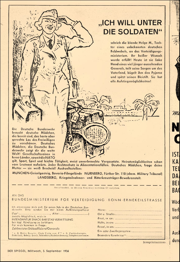 Der Spiegel vom September 1956 (Ausriss). In dieser "Satire" wurde aufgerufen, an das BMVG, das zur dieser Zeit in der Ermekeilkaserne residierte, zu schreiben.